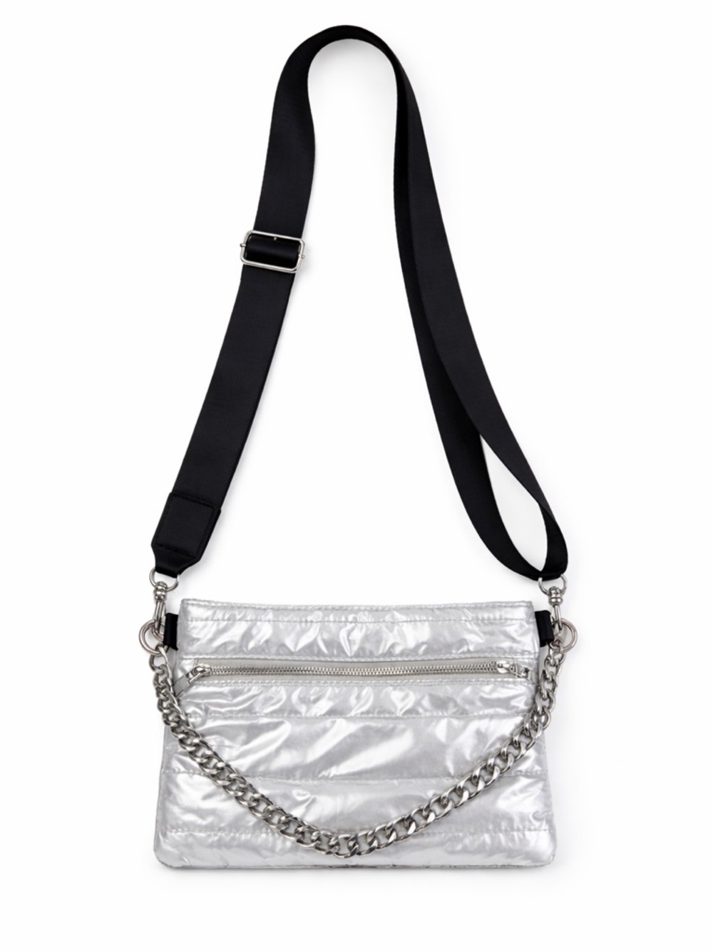 Ah Dorned Silver Quilted Puffer Crossbody Bag Chain Strap Metallic Unisex